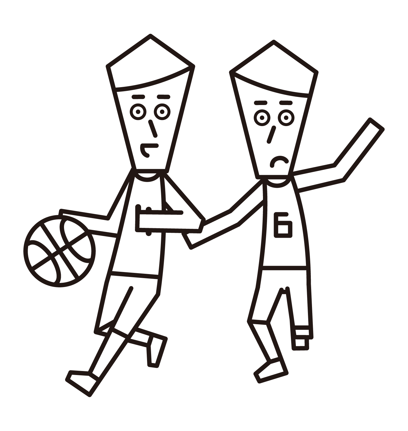 Illustration of a dribbling player and a basketball player (male) defending