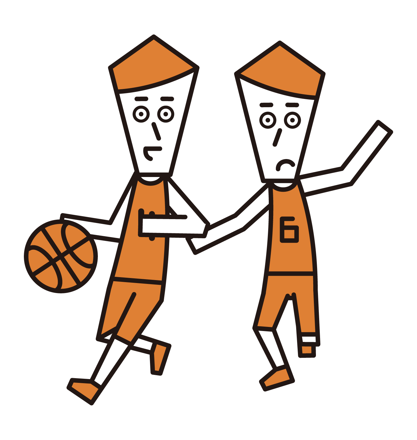 Illustration of a dribbling player and a basketball player (male) defending