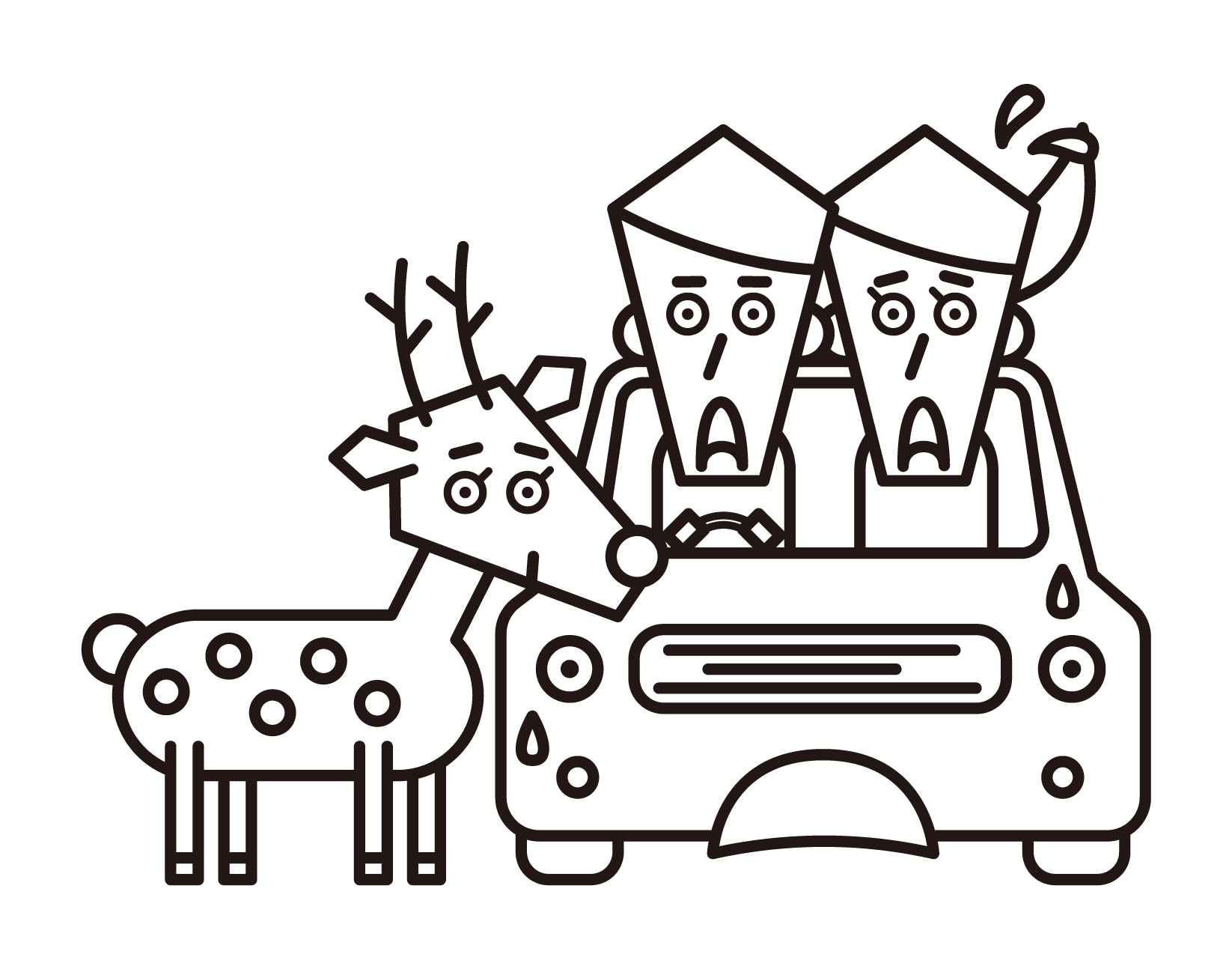 Illustration of a couple who almost whispers deer in a car