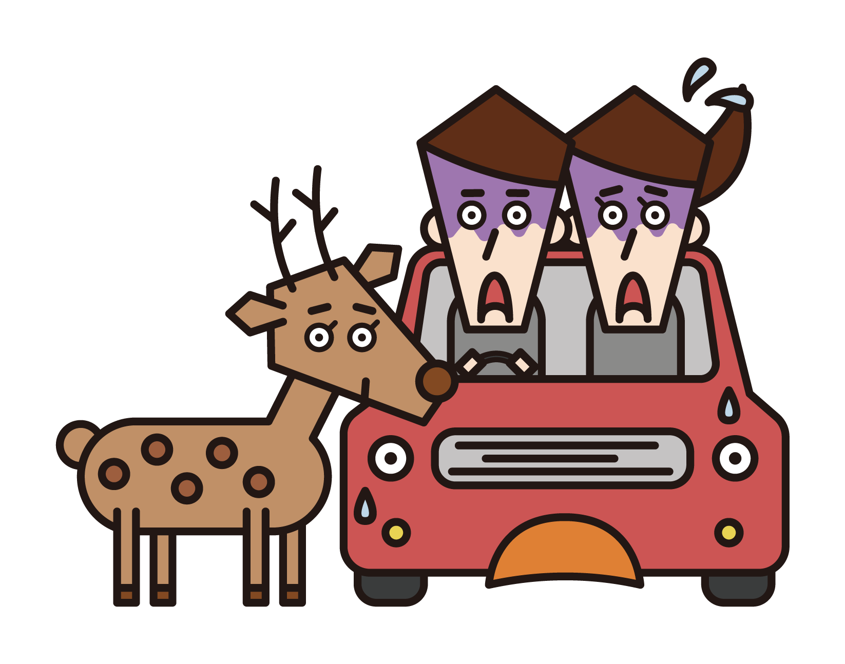 Illustration of a couple who almost whispers deer in a car