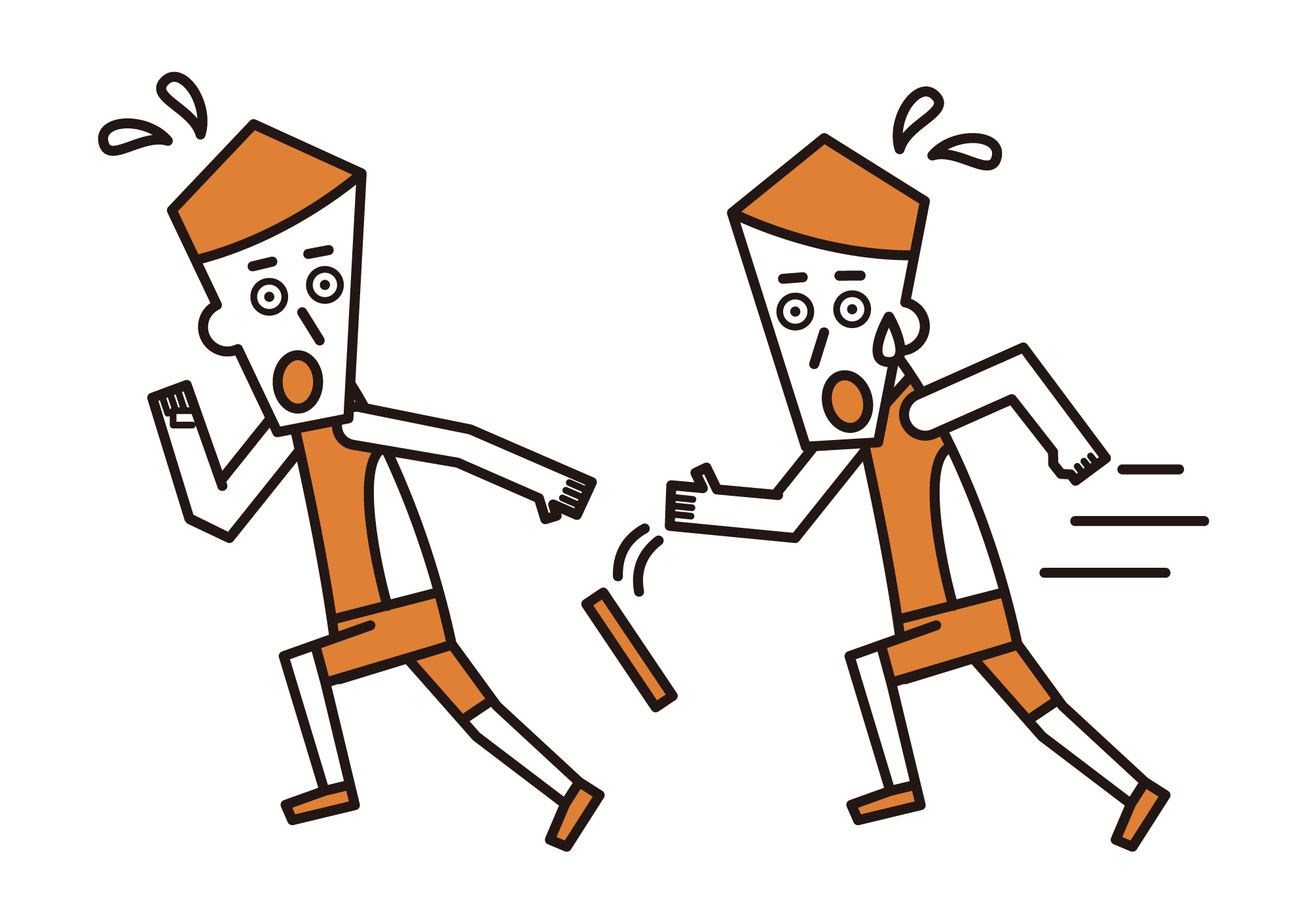 Illustration of a man who fails a baton toss in a relay run