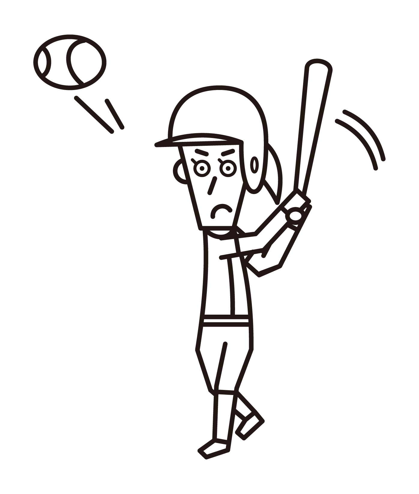 ボールを打つ野球選手（女性）のイラスト