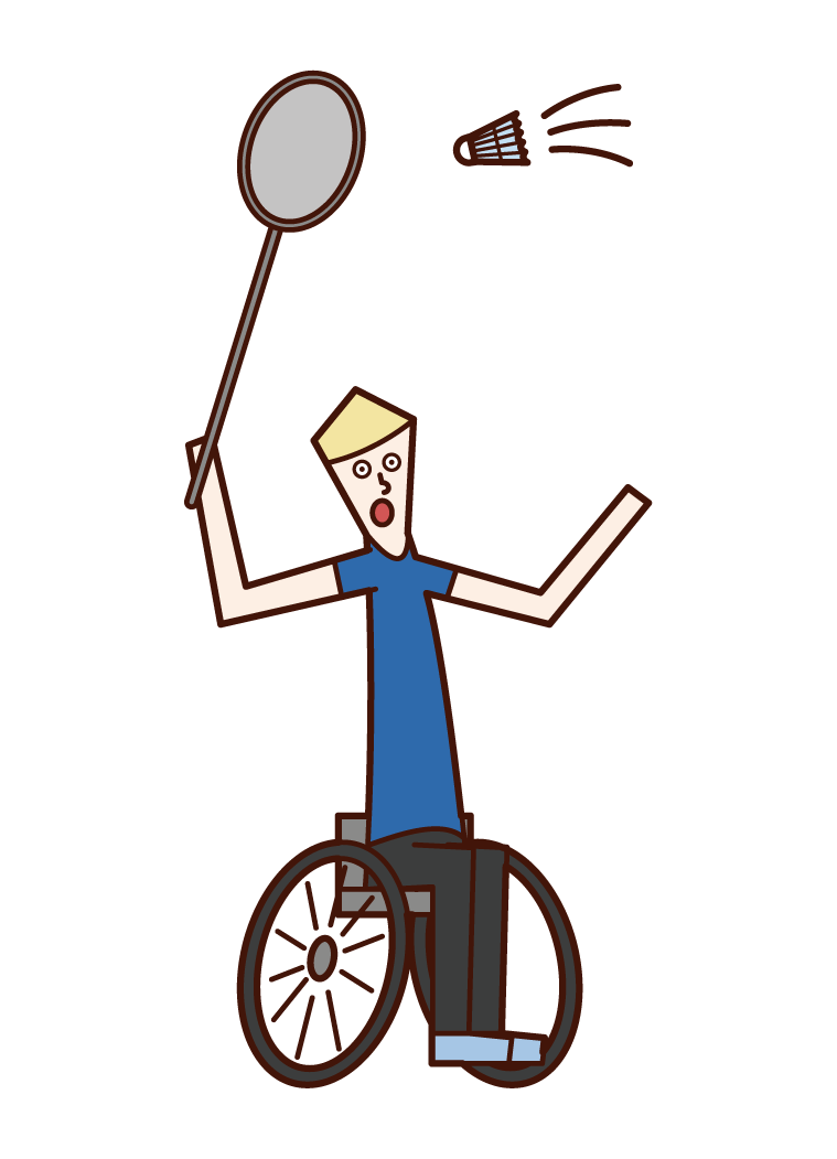 坐在輪椅上的羽毛球運動員（男性）的插圖
