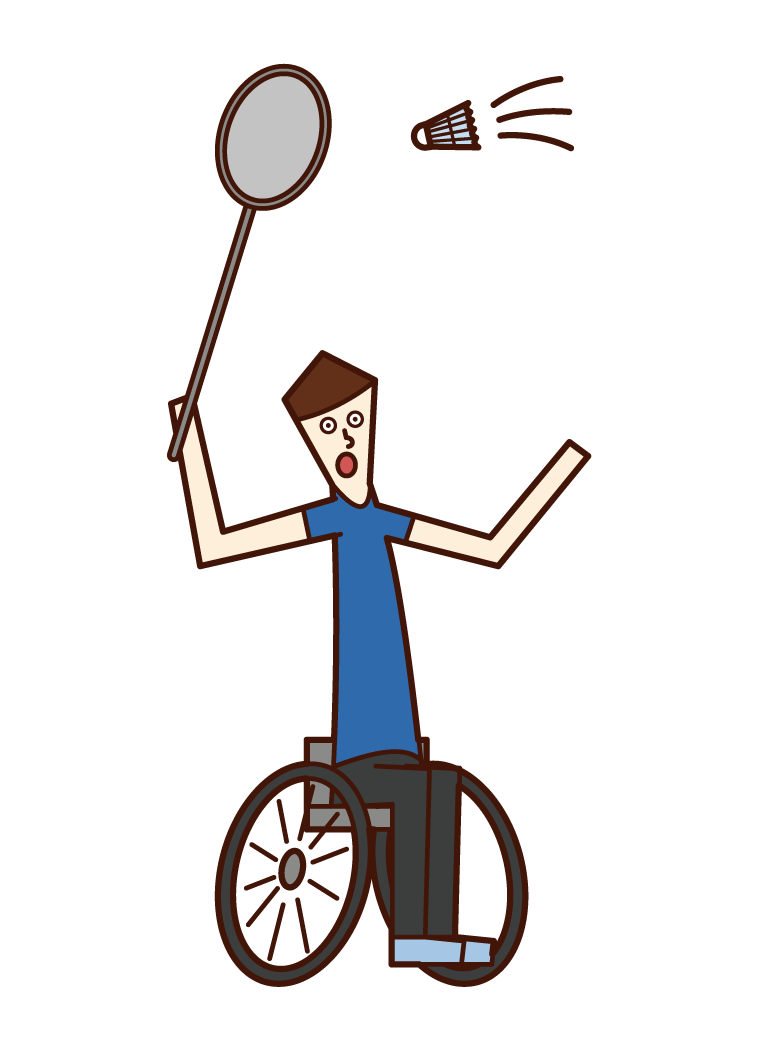 車椅子に乗っているバドミントン選手（男性）のイラスト