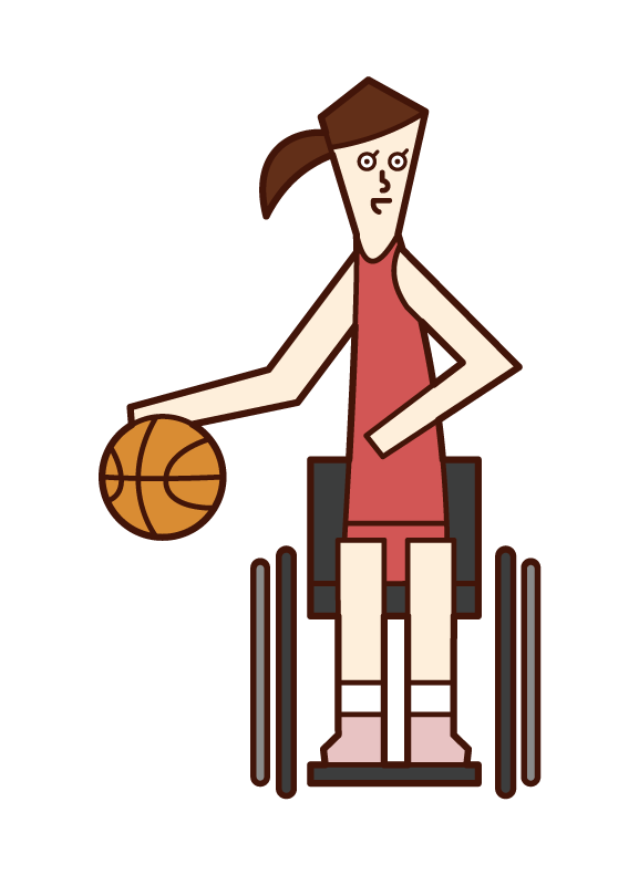 Illustration of a wheelchair basketball player (woman) dribbling