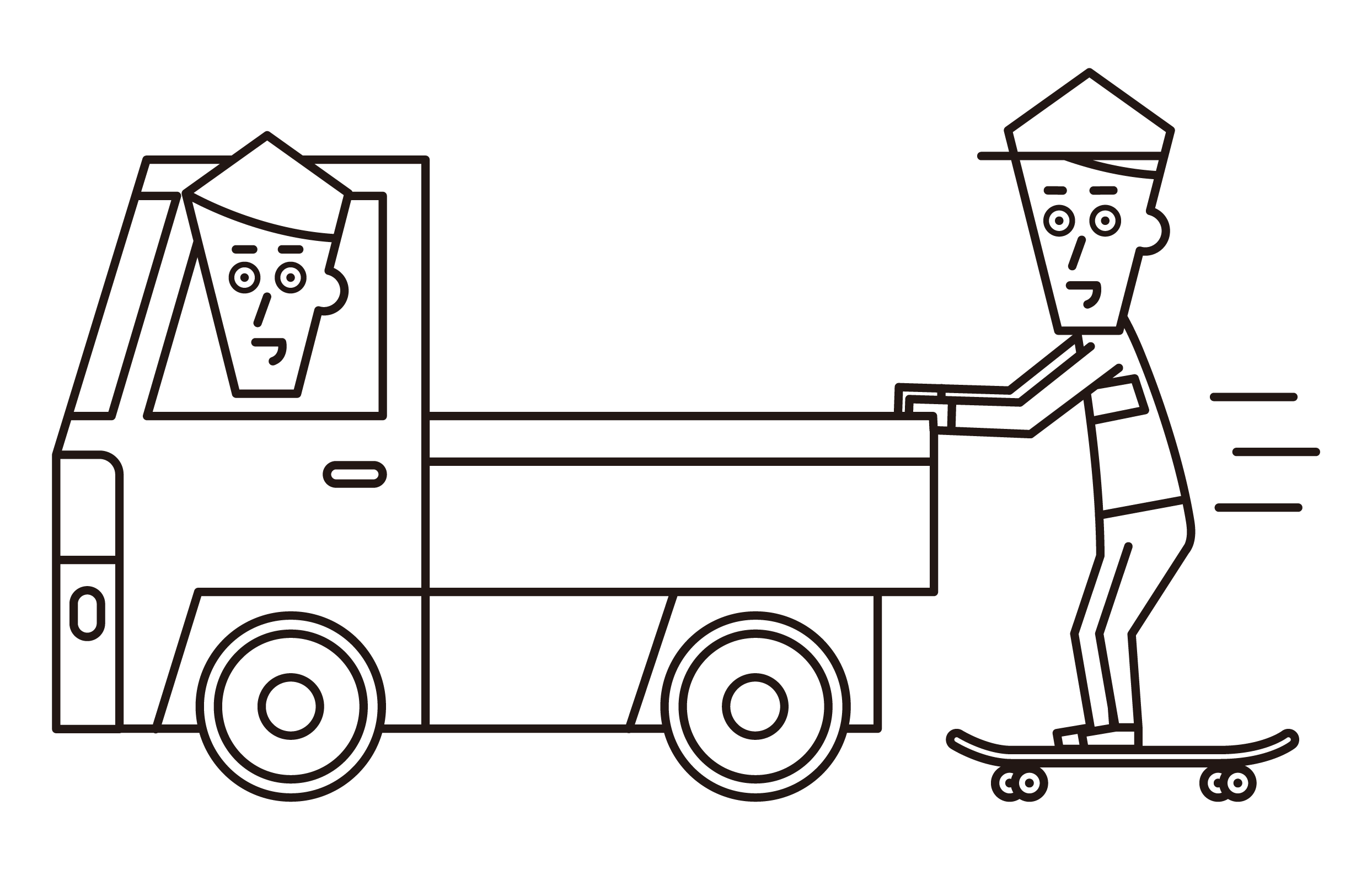 滑板手（男子）在卡車後面被抓和奔跑的插圖