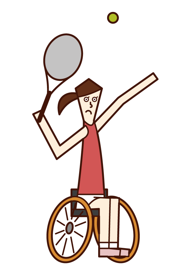 Illustration of a wheelchair tennis player (woman) who hits a serve