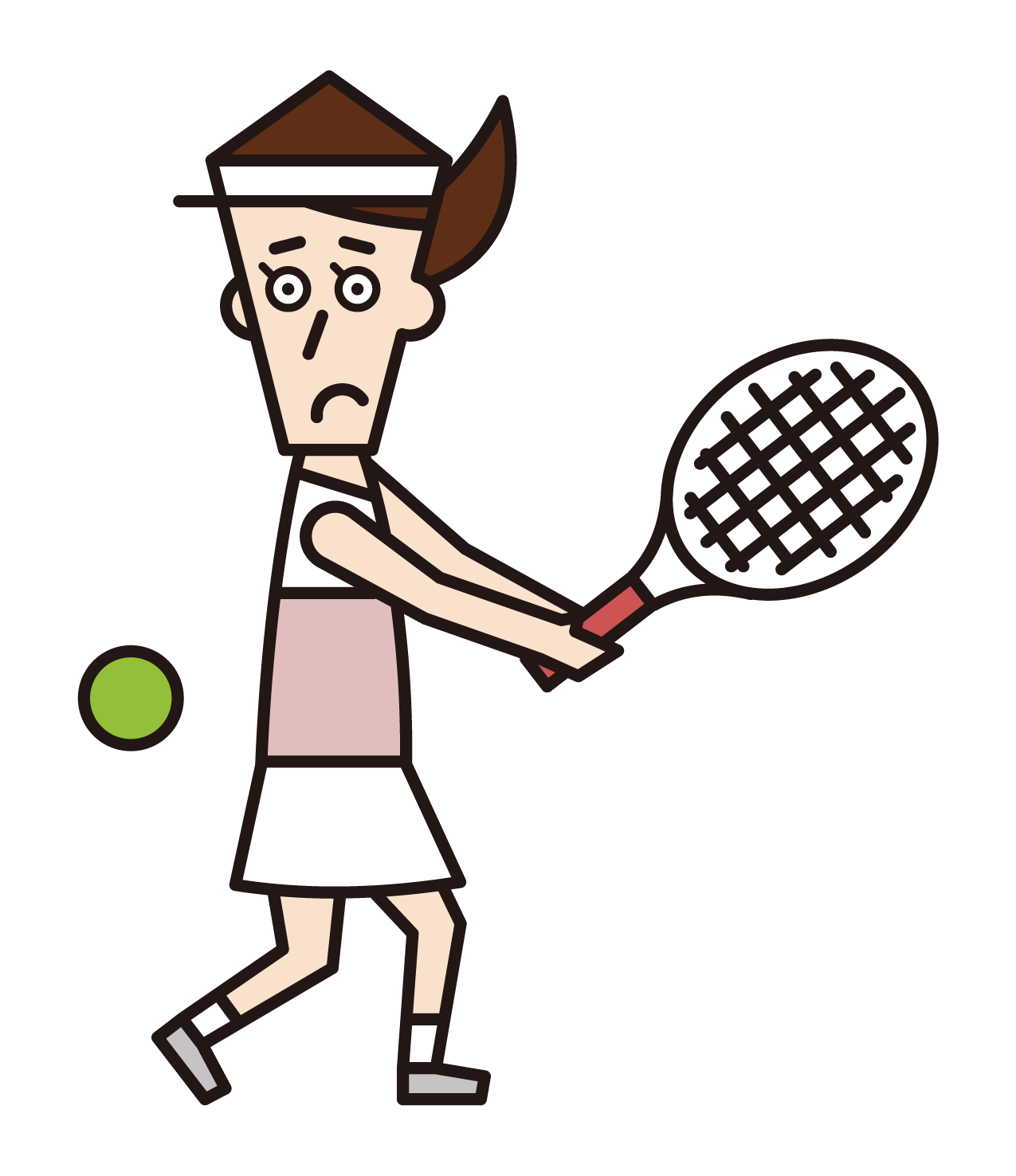 バックハンドストロークでボールを打ち返すテニスの選手（女性）のイラスト