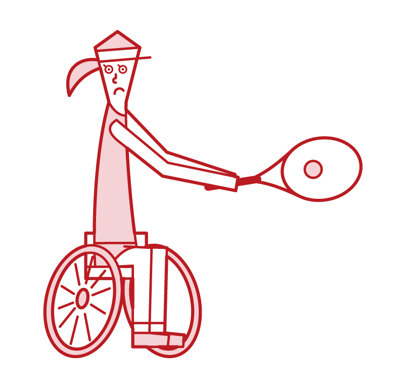 輪椅網球運動員（女性）用反手擊球的插圖