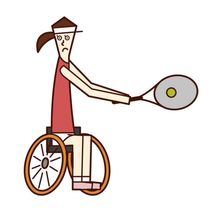 Illustration of a wheelchair tennis player (woman) hitting a ball with