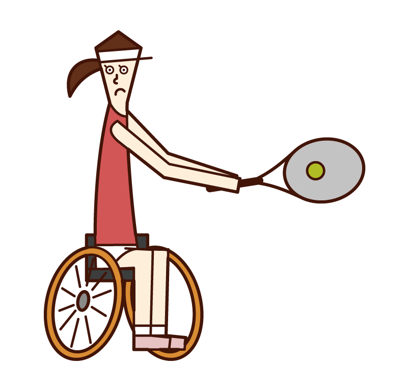 Illustration of a wheelchair tennis player (woman) hitting a ball with a backhand