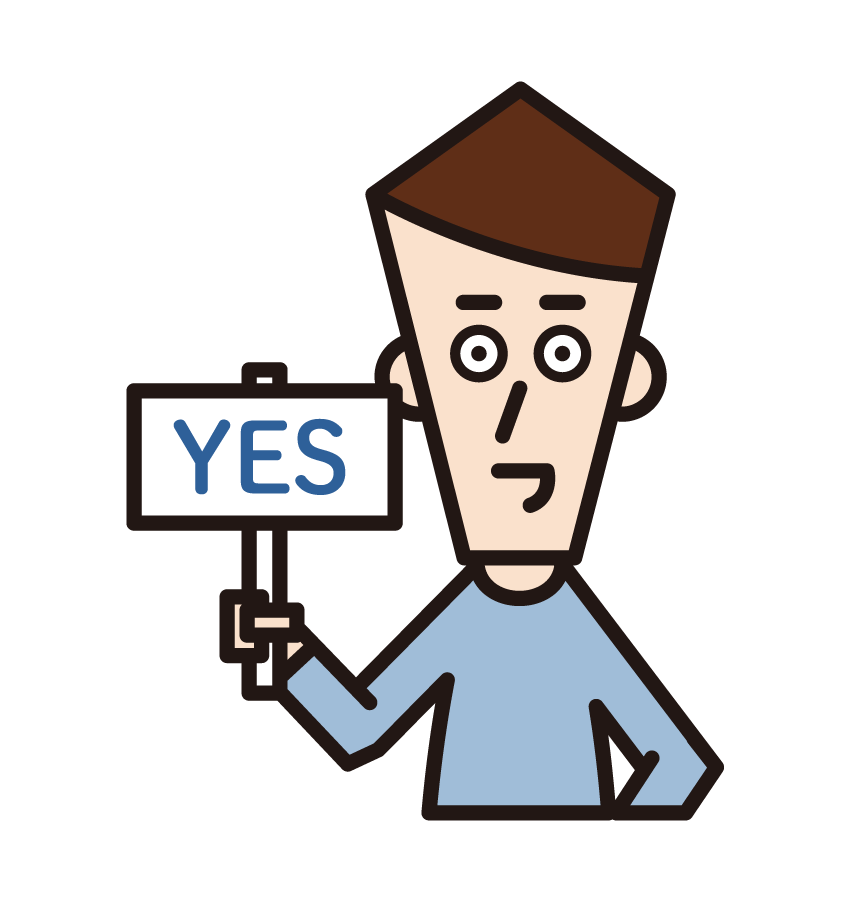 Illustration of a person (male) holding a message panel with YES written on it