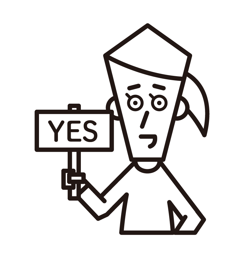 Illustration of a person (female) holding a message panel with YES written on it
