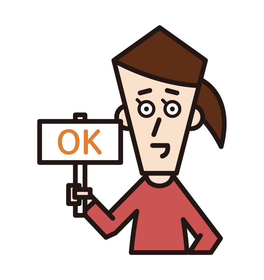 Illustration of a woman holding up a panel that said OK