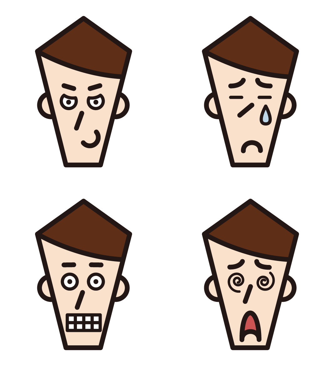 2 illustrations of various facial expressions of men