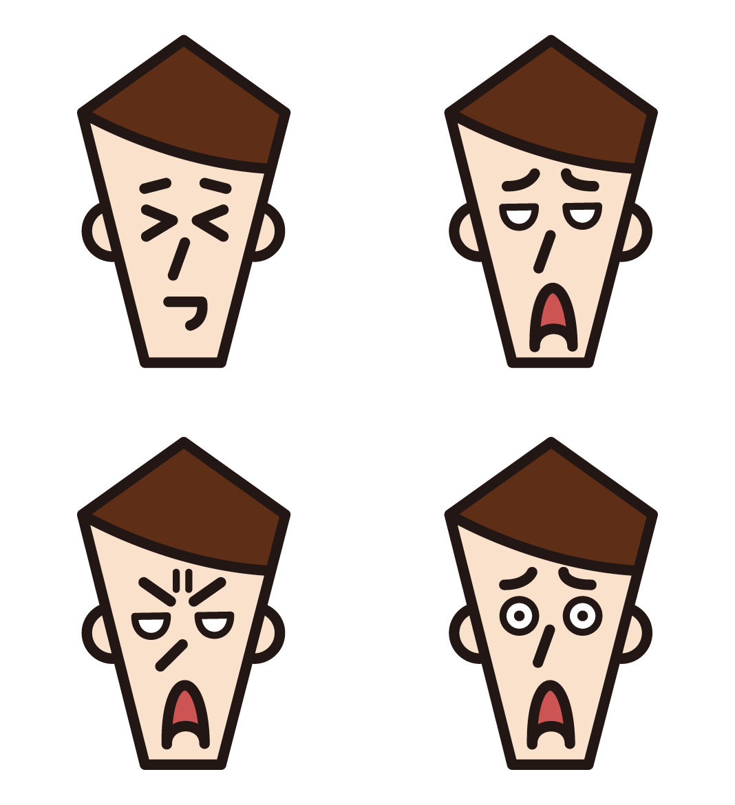 남성의 다양한 얼굴 표정에 대한 3 가지 삽화
