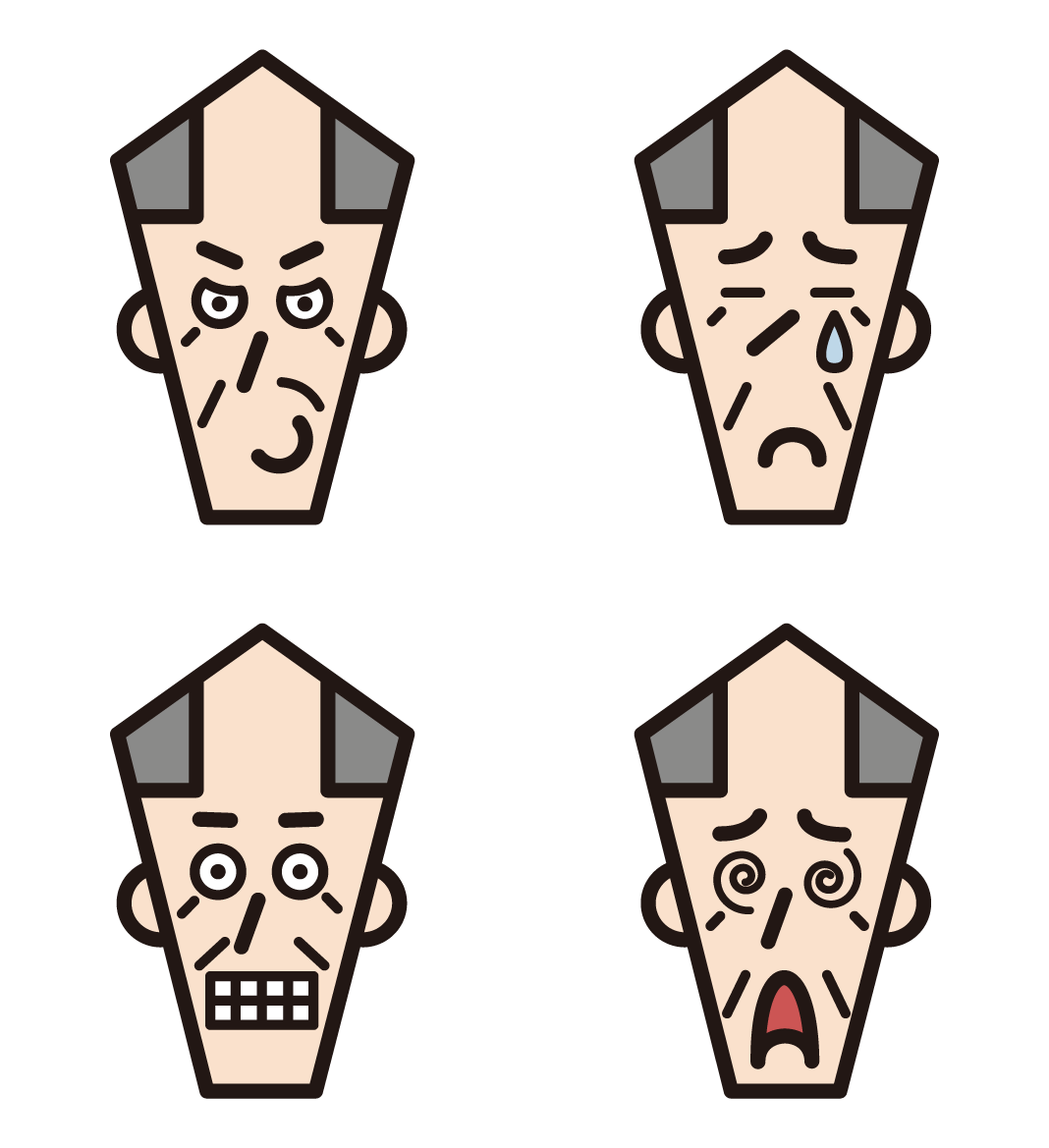 3 illustrations of the various facial expressions (thinning hair) of the grandfather