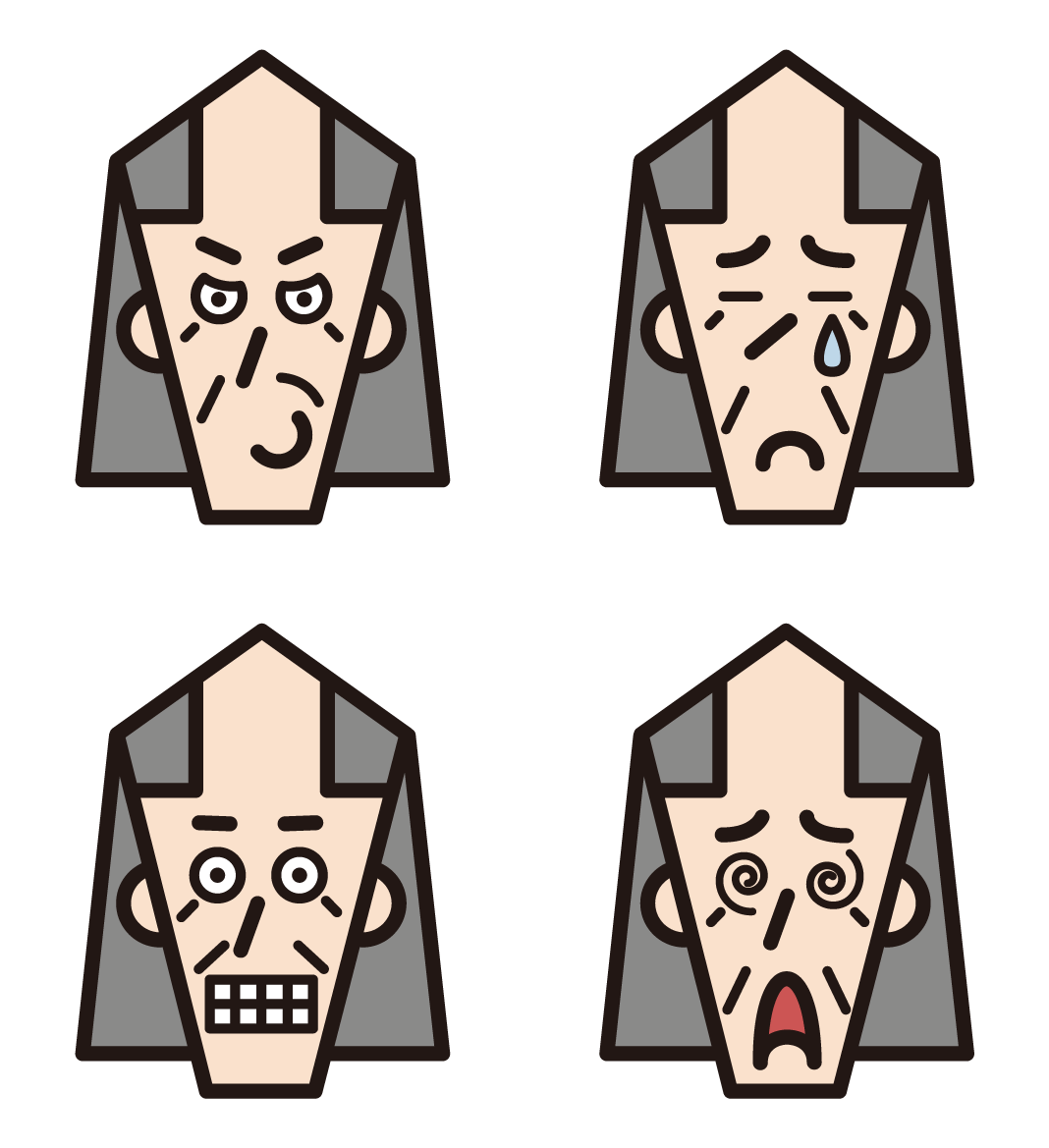 3 illustrations of the various facial expressions (long hair) of the grandfather