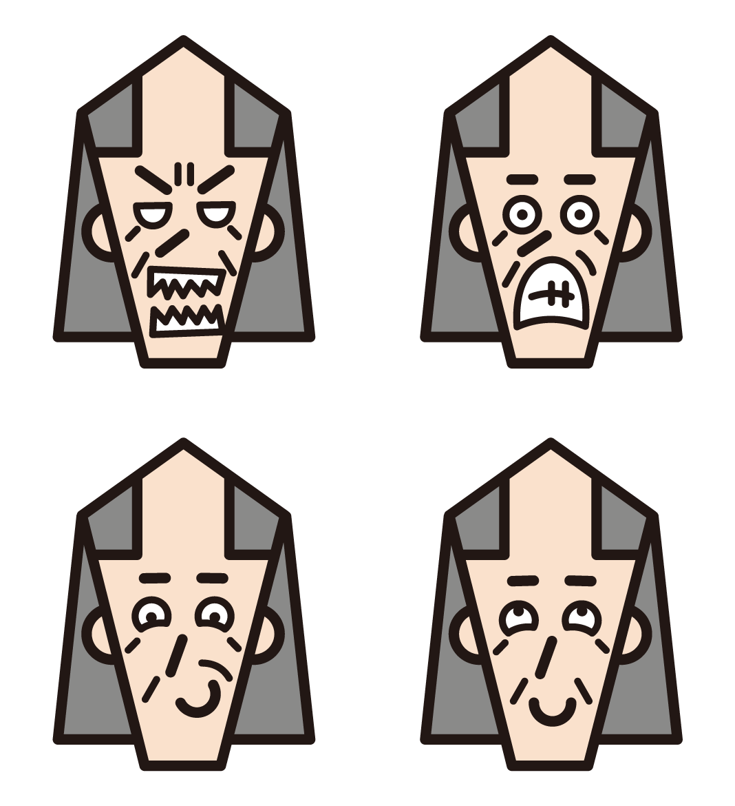 4 illustrations of the various facial expressions (long hair) of the old man