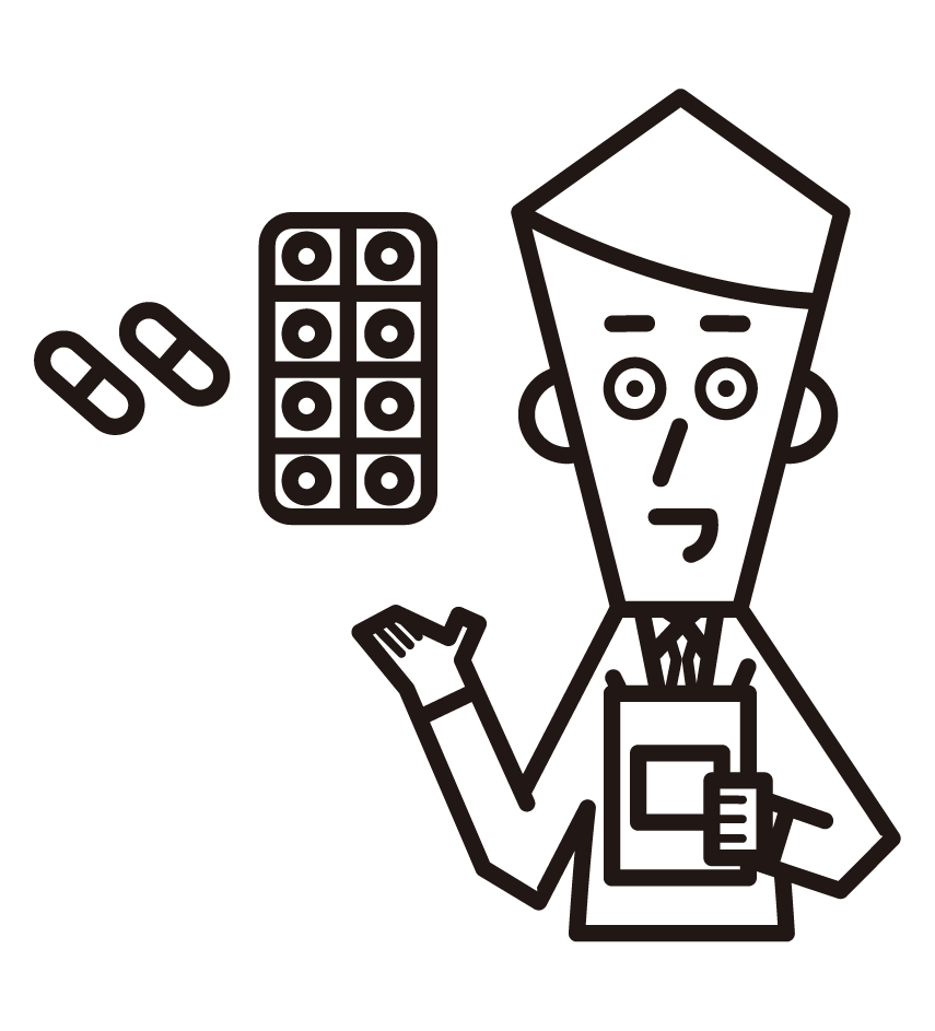 Illustration of pharmacist and drugstore clerk (male)
