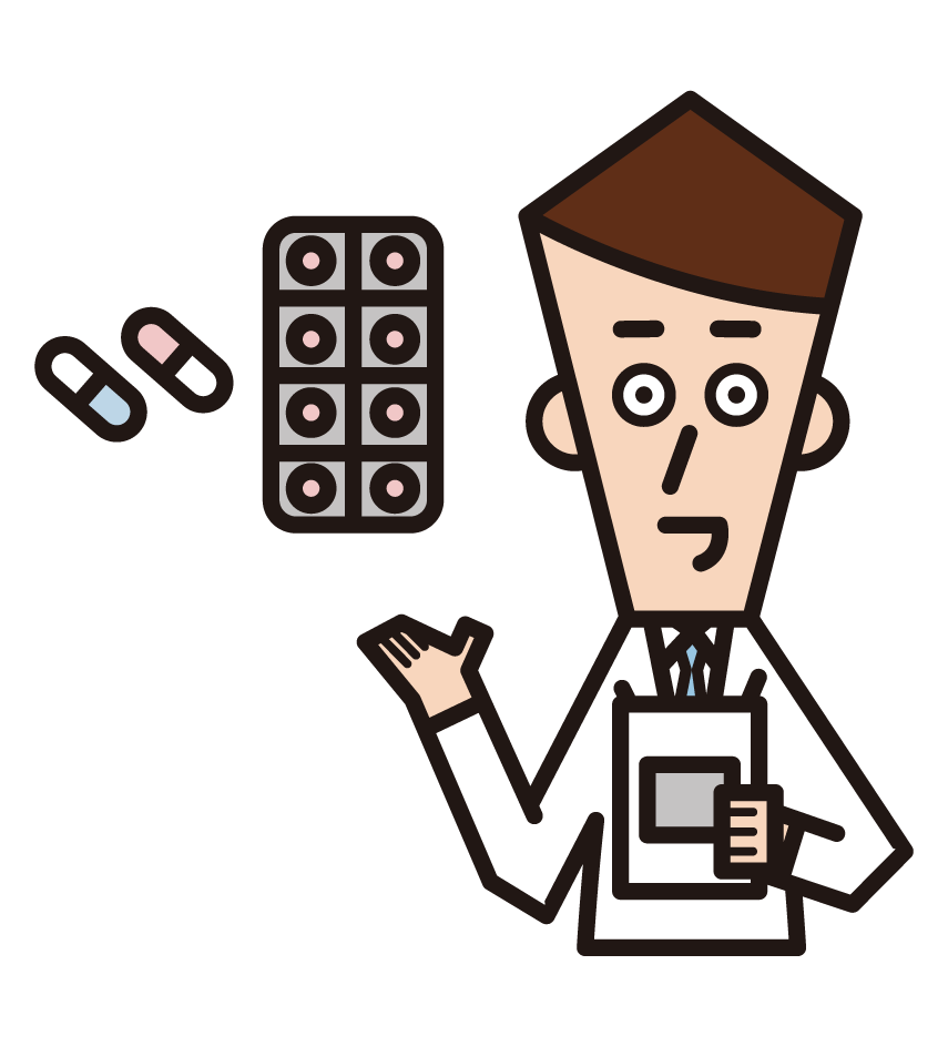 Illustration of a pharmacist (male) prescribing medicine