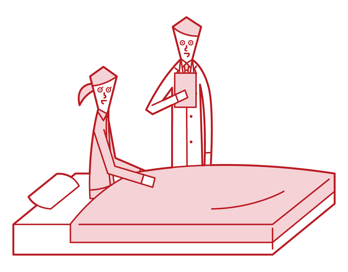 Illustration of a woman in the hospital talking to a doctor