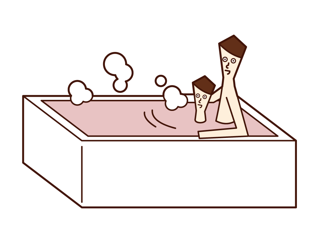 Illustration of a man bathing in a bath with a parent and child