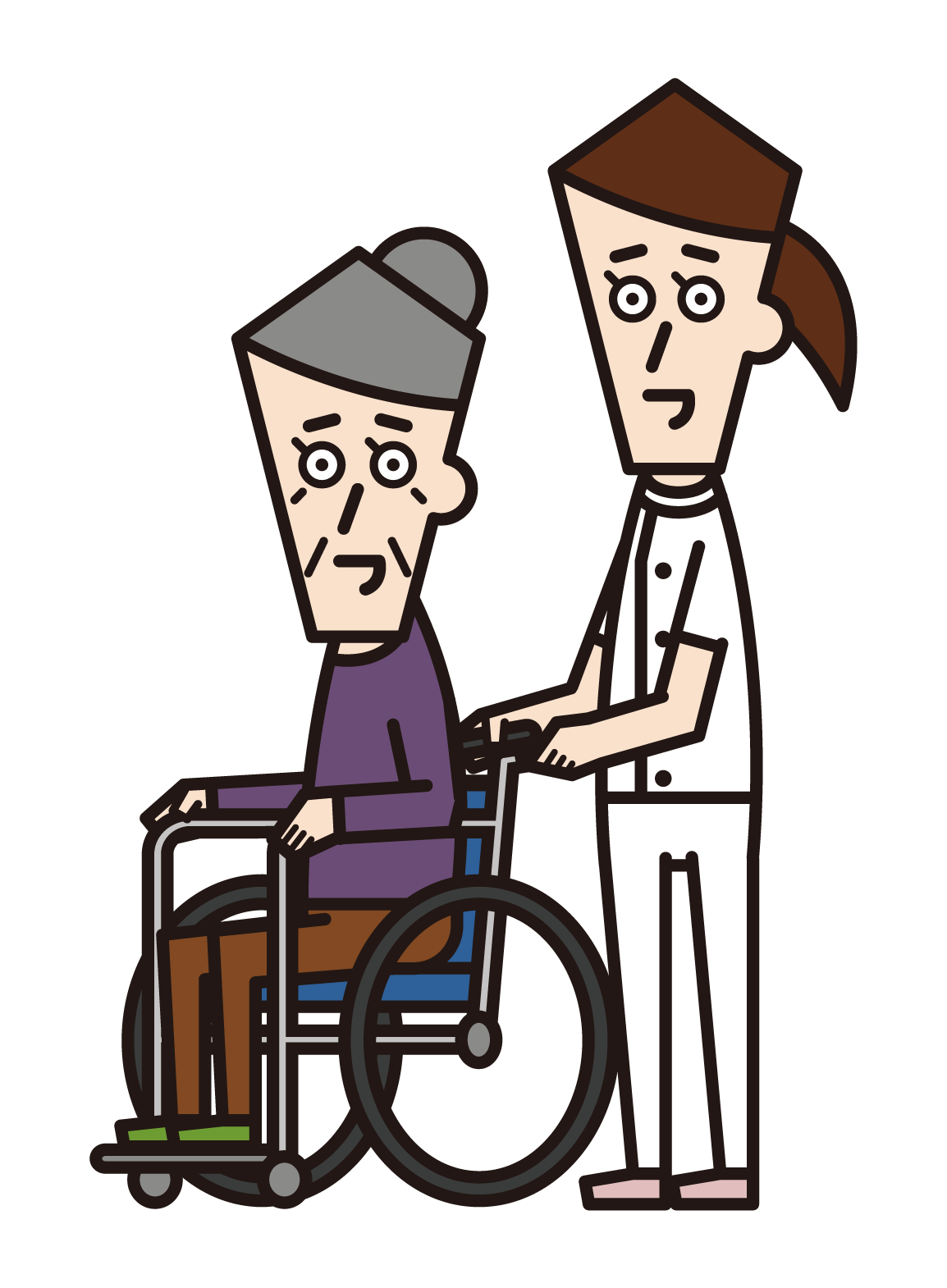 護理工作者（女性）的插圖，推輪椅