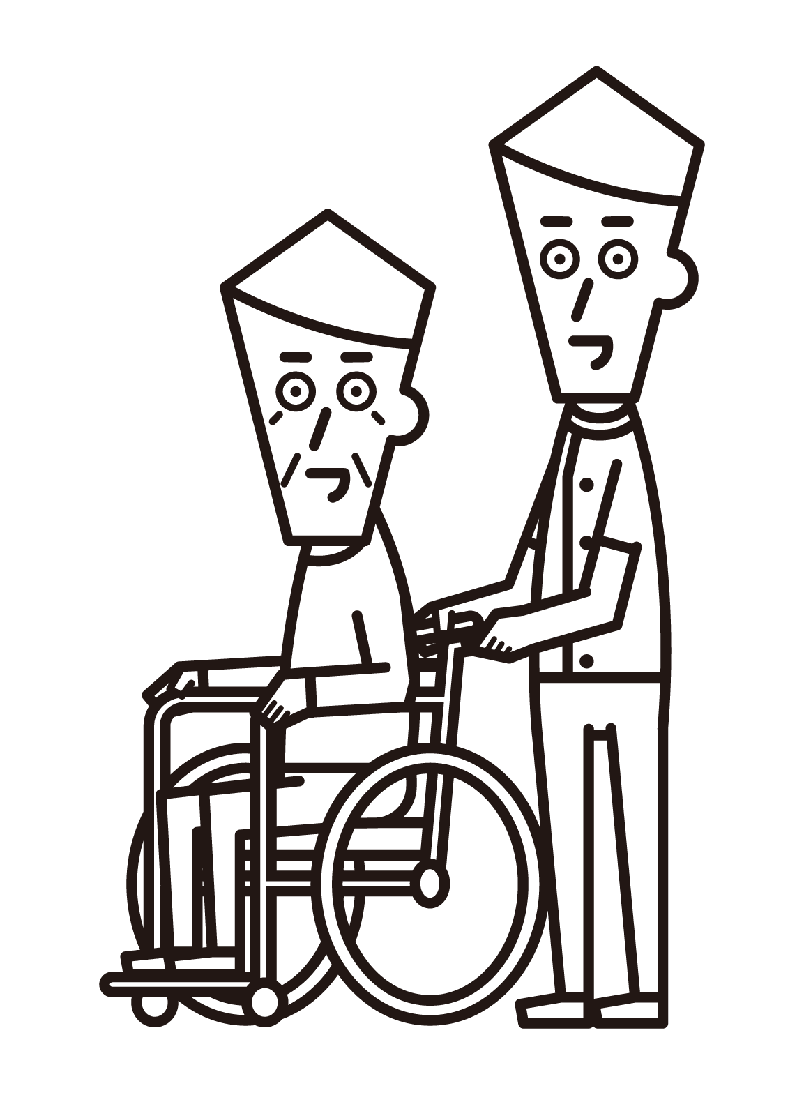 Illustration of a care worker (male) pushing a wheelchair