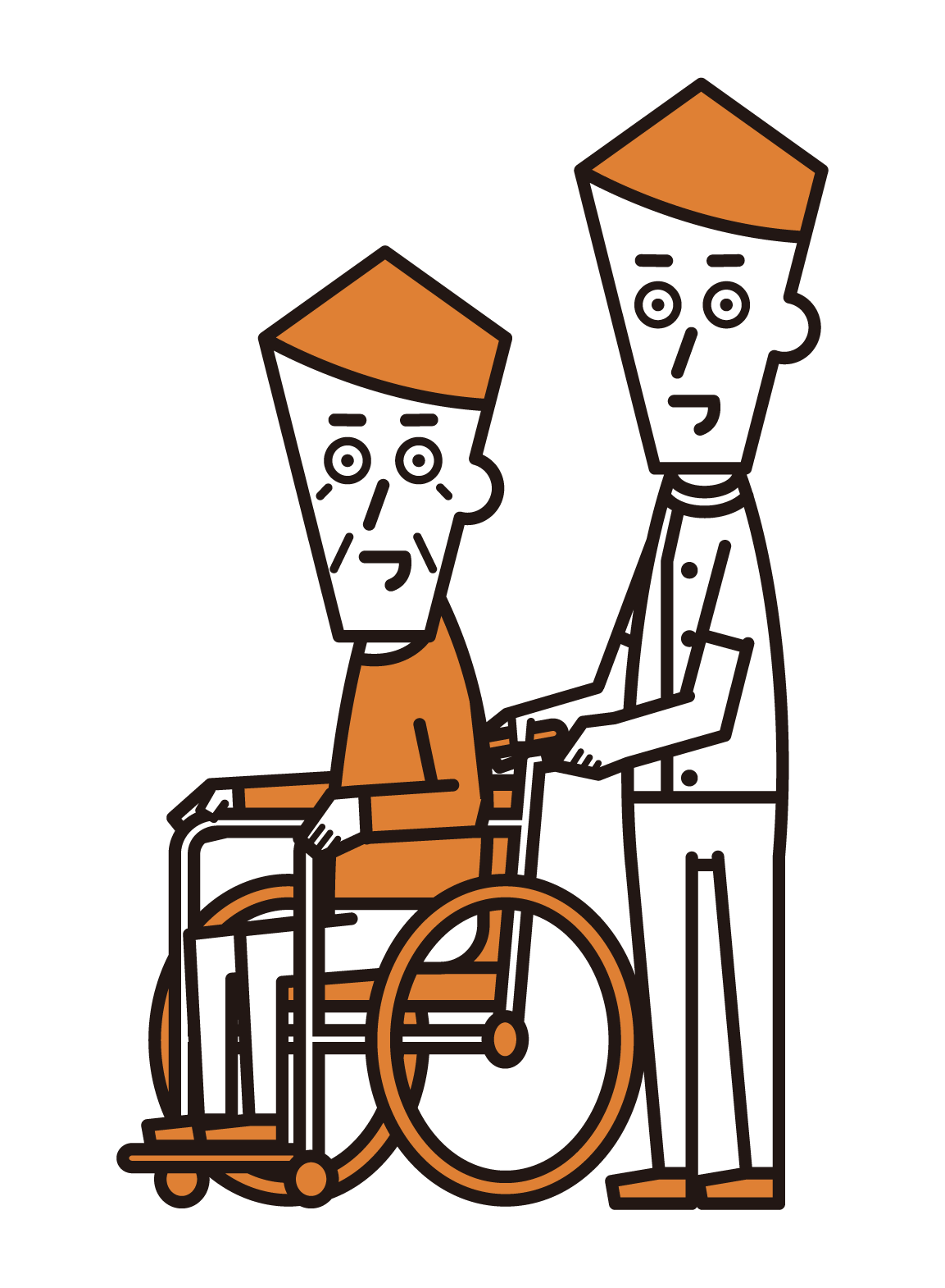 Illustration of a care worker (male) pushing a wheelchair