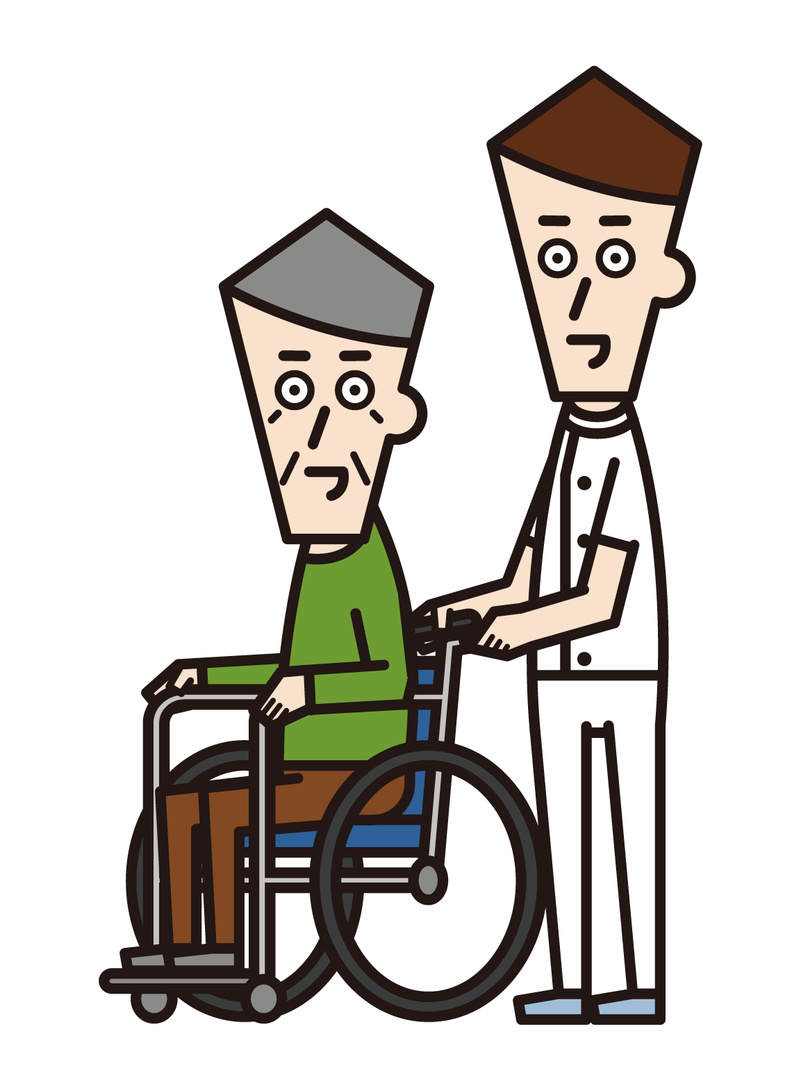 護理工作者（男性）的插圖，推輪椅