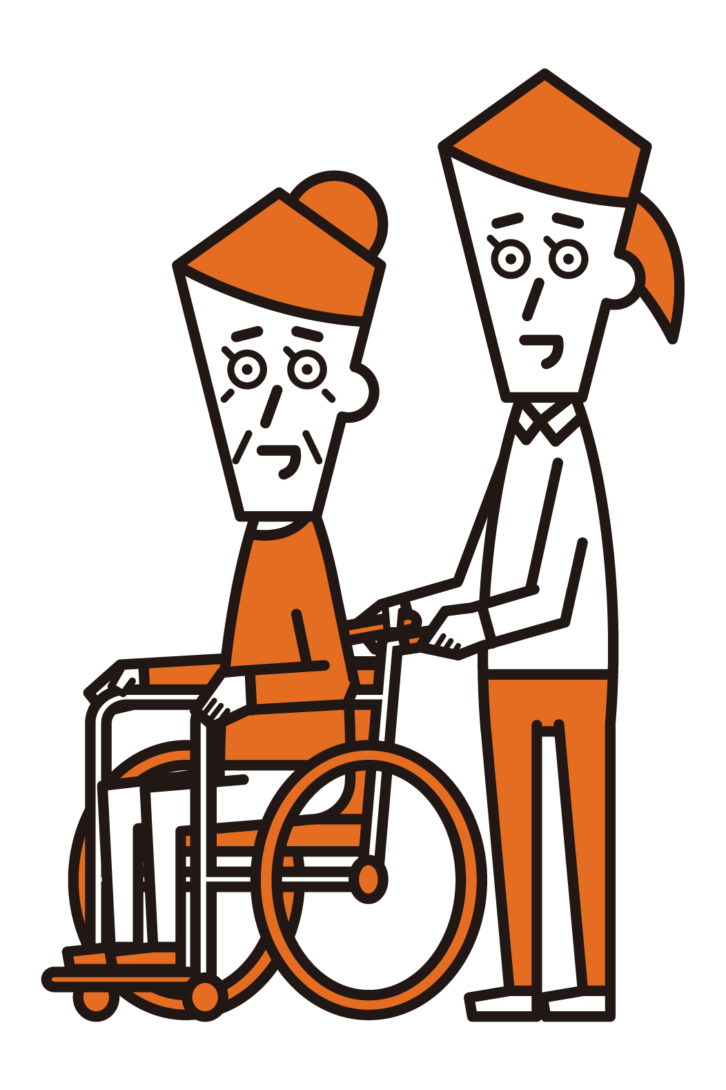 Illustration of a home helper (female) pushing a wheelchair