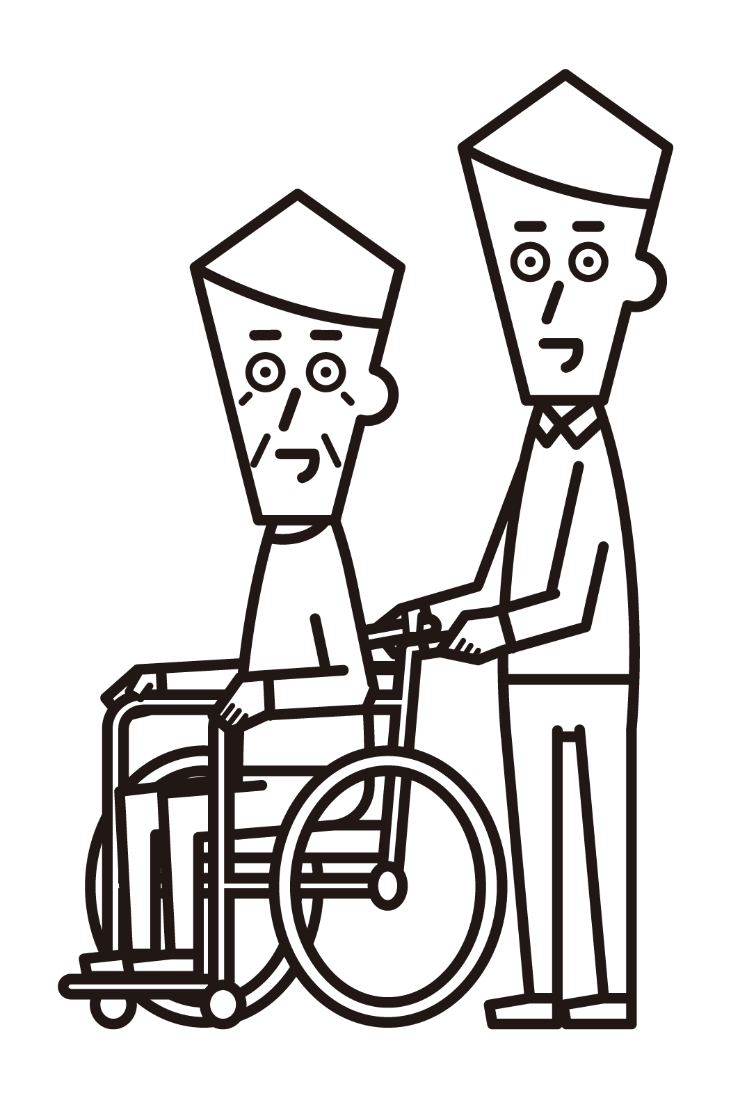 휠체어를 밀고 있는 가정 도우미(남성)의 그림