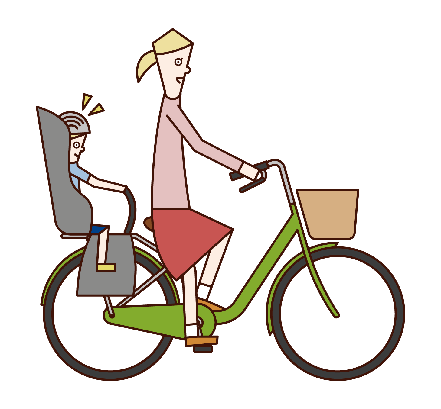 把孩子放在兒童座椅上騎自行車的人(女性)的插圖