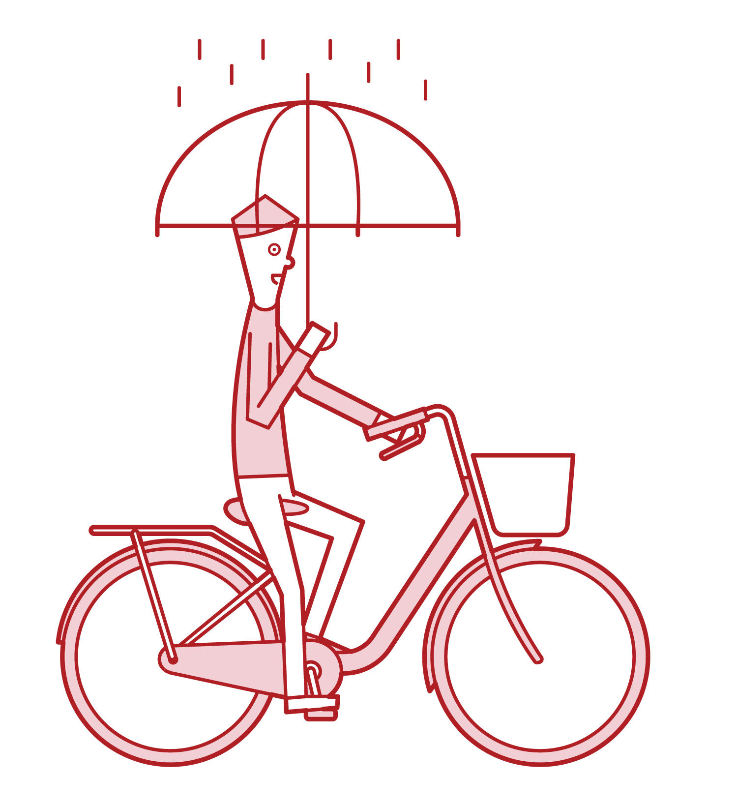 騎自行車的人(男性)的插圖,同時拿著雨傘
