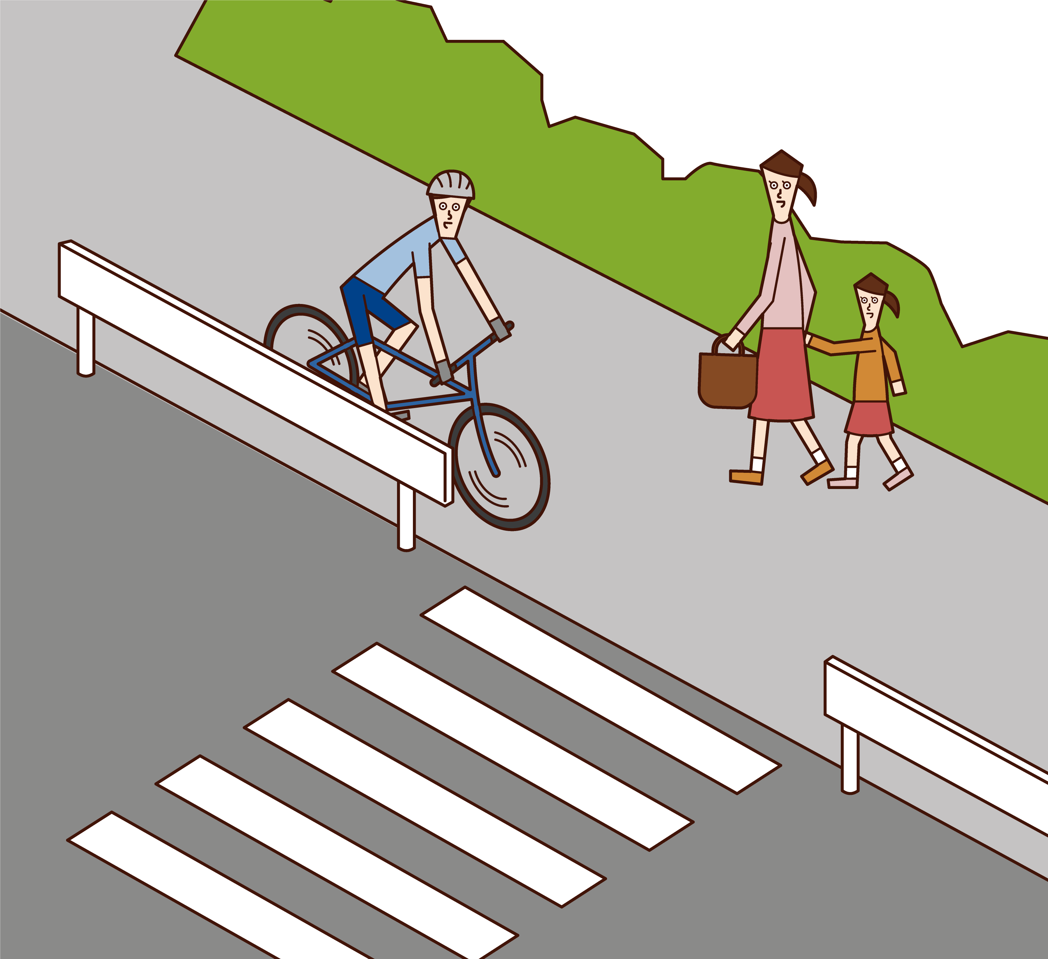 騎自行車(男性)在人行道上緩慢行駛的插圖