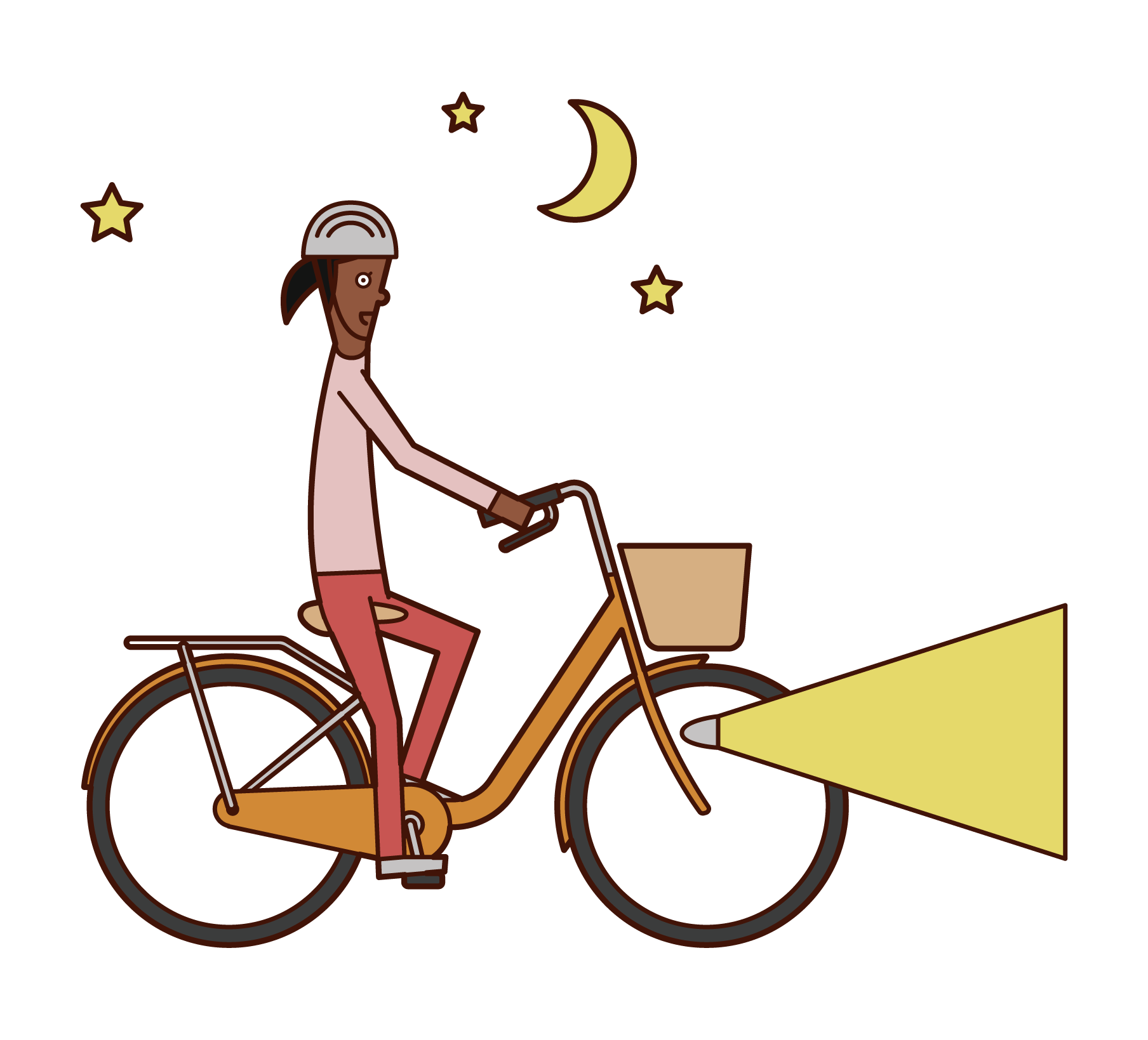 點燃燈騎自行車的人(女性)的插圖