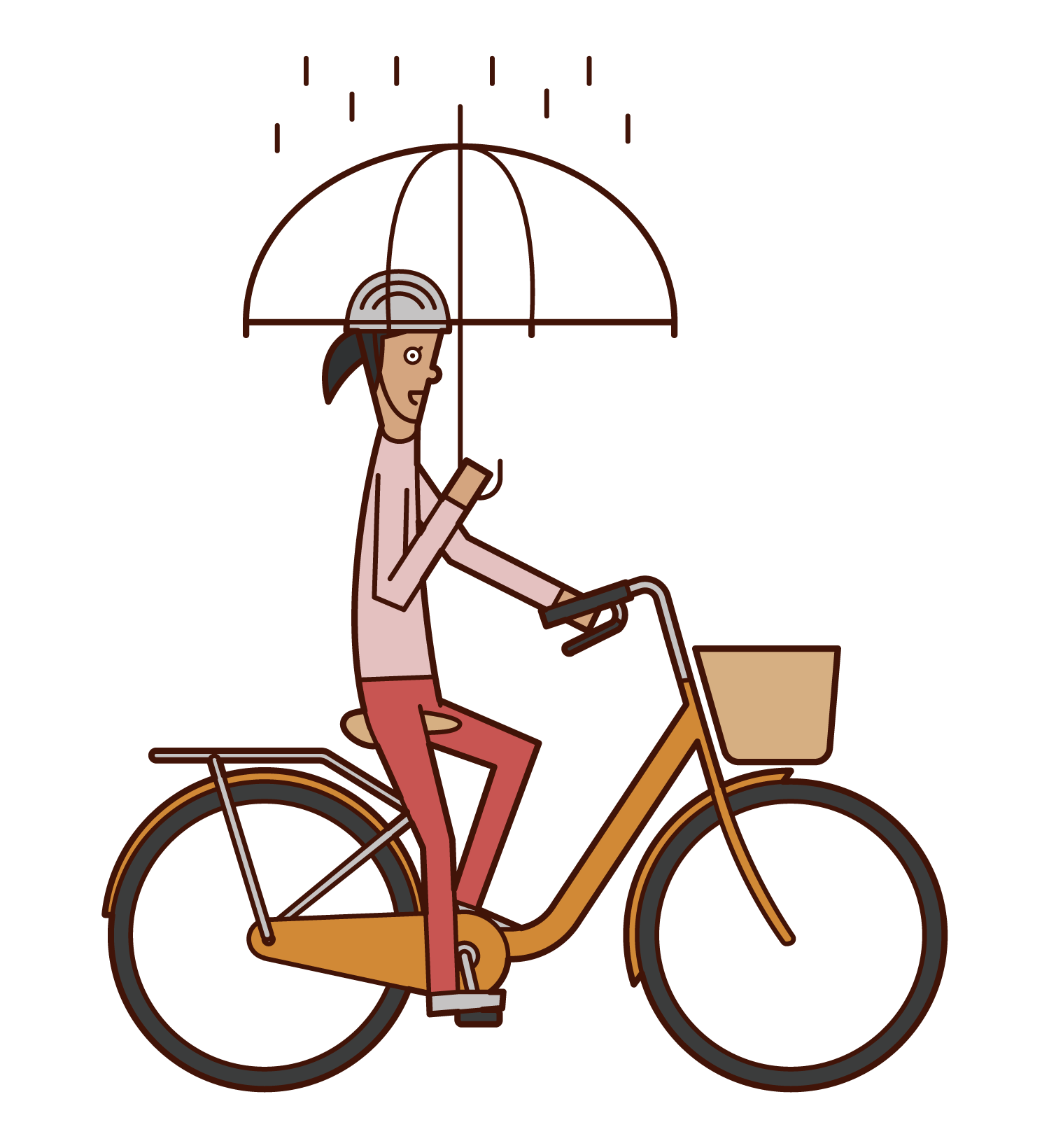 騎自行車的人(女性)的插圖,同時拿著雨傘