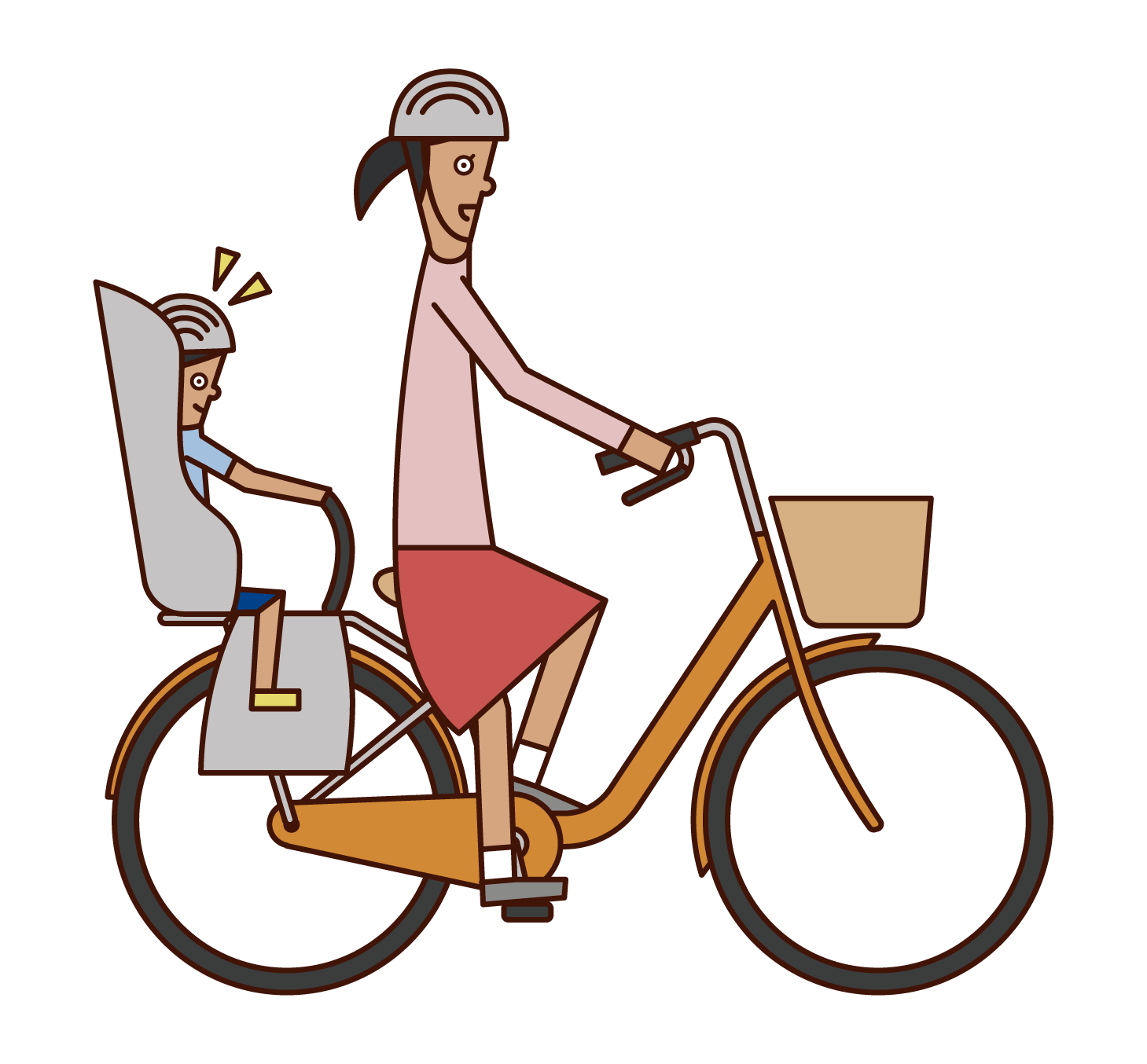 把孩子放在兒童座椅上騎自行車的人(女性)的插圖