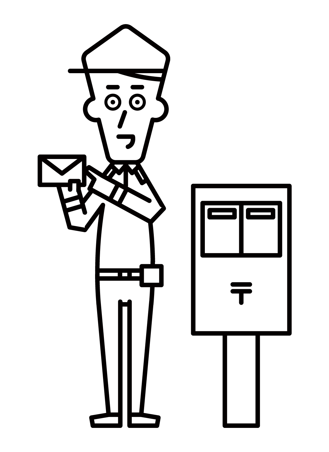郵便ポストの横に立つ郵便局員（男性）のイラスト