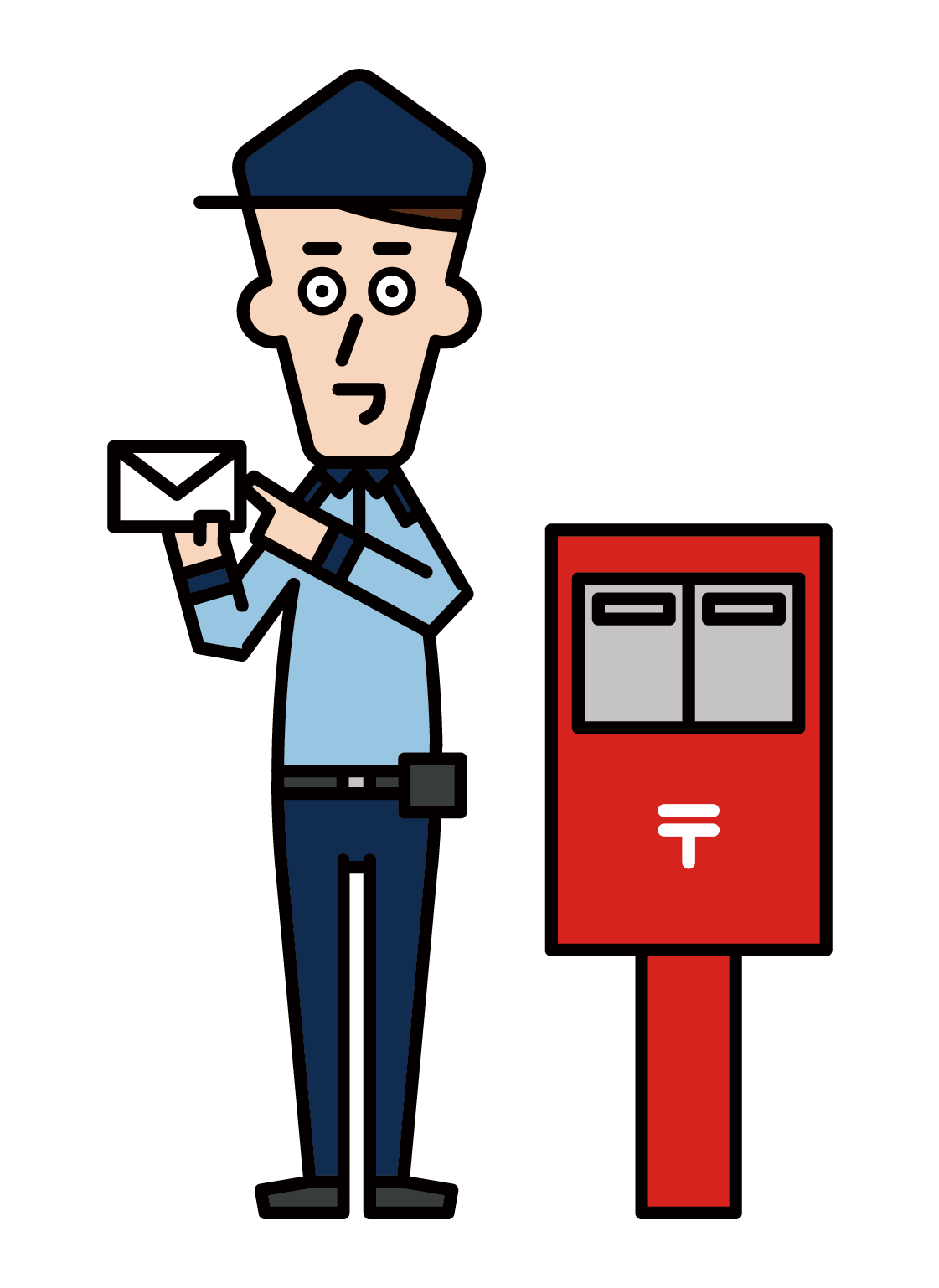 郵便ポストの横に立つ郵便局員（女性）のイラスト