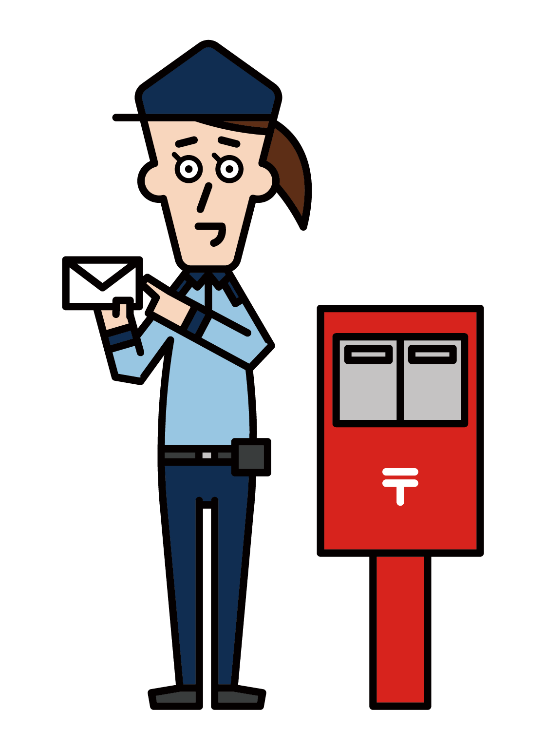 郵便ポストの横に立つ郵便局員（男性）のイラスト