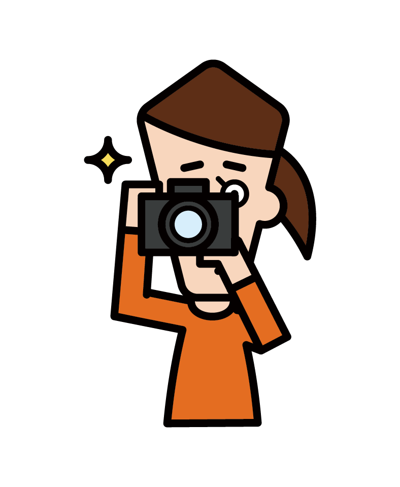 カメラで写真を撮影する人（女性）のイラスト