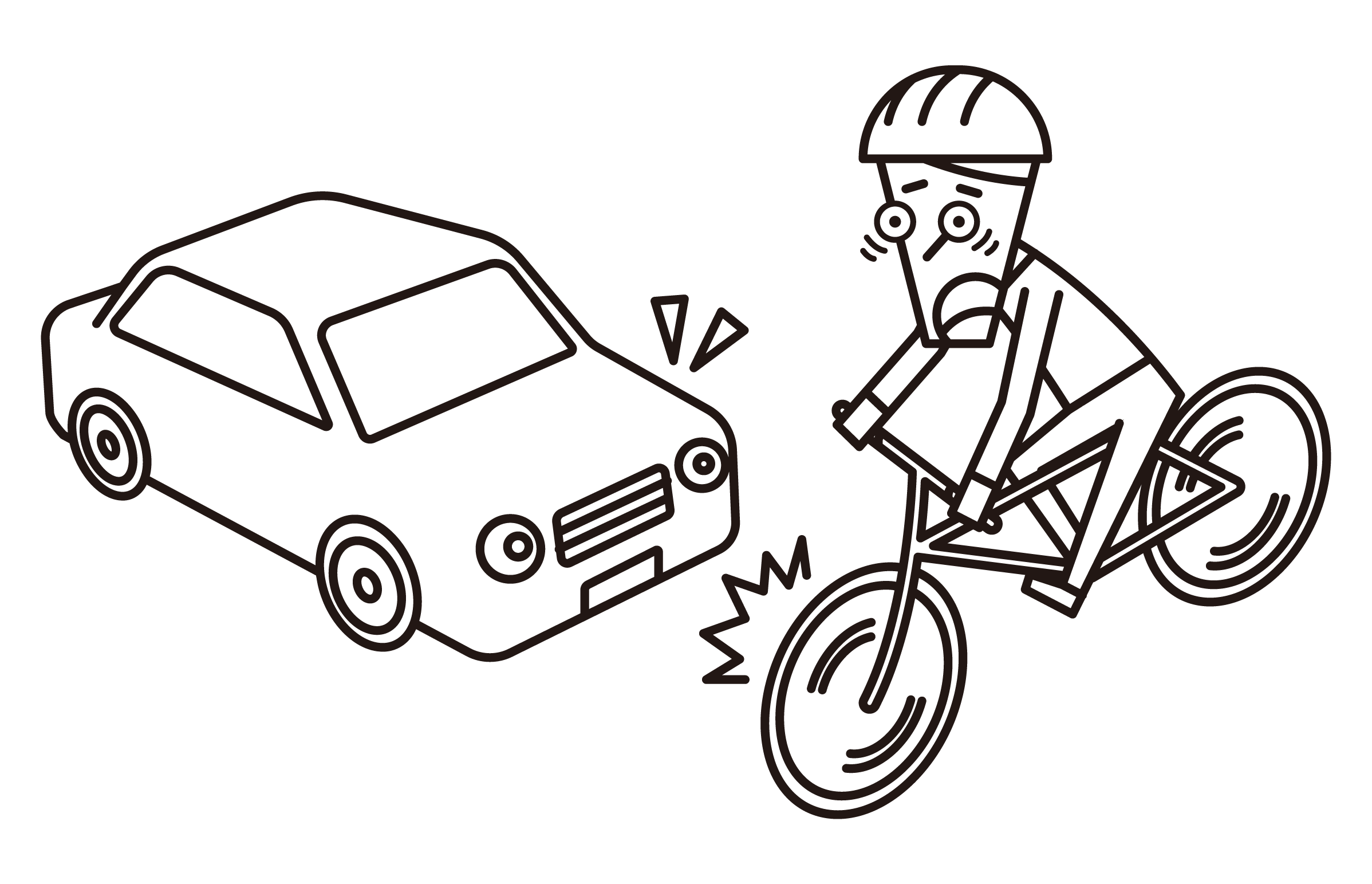 자동차와 충돌하려고하는 자전거 (남성)의 그림