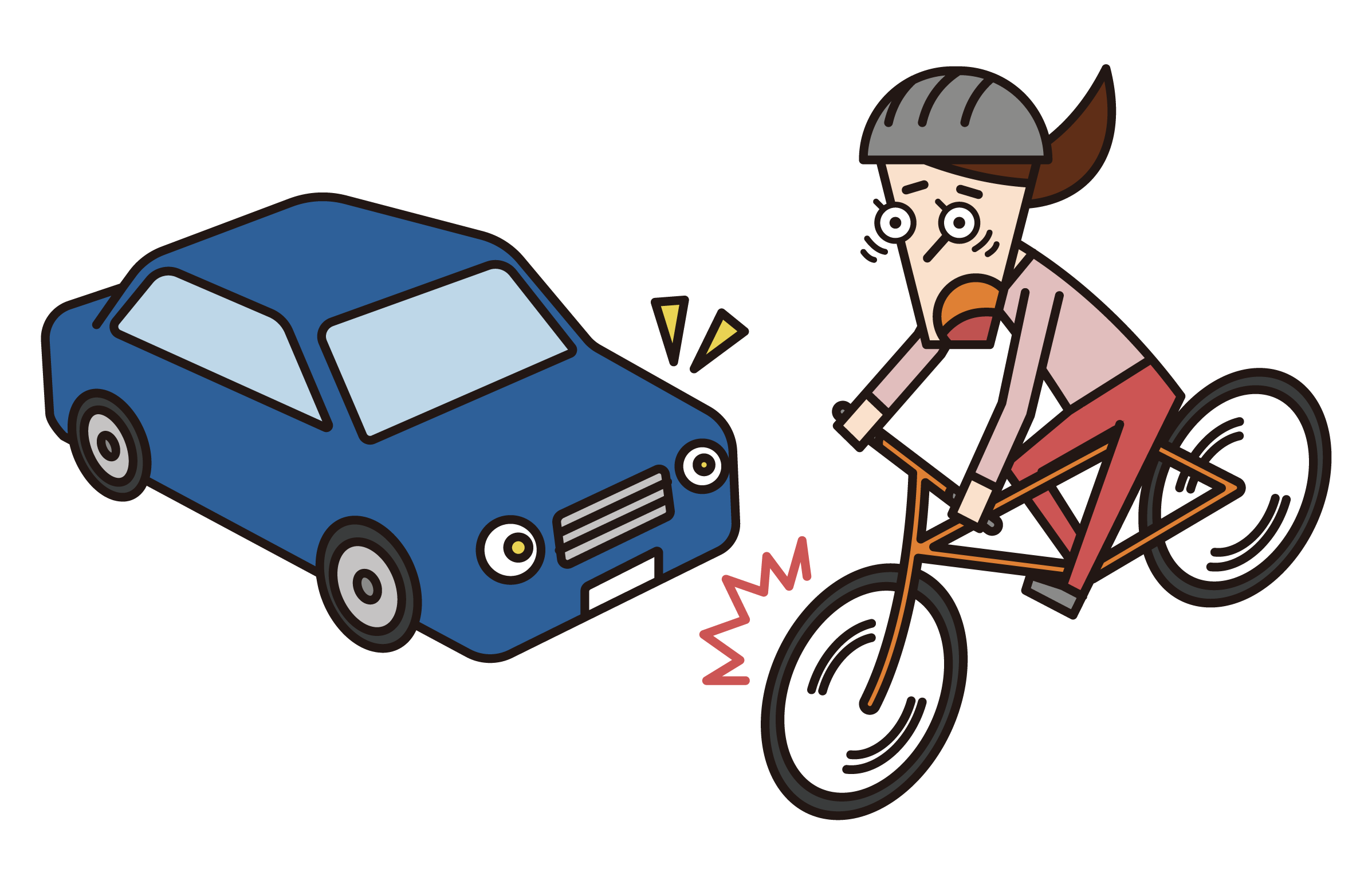 Illustration of a bicycle rider (woman) who is about to collide with a car