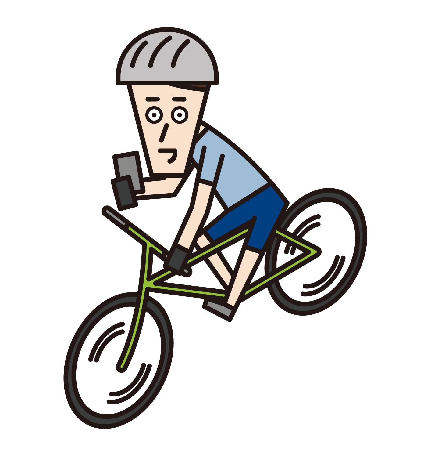 操作智慧手機時駕駛自行車的人（男性）的插圖