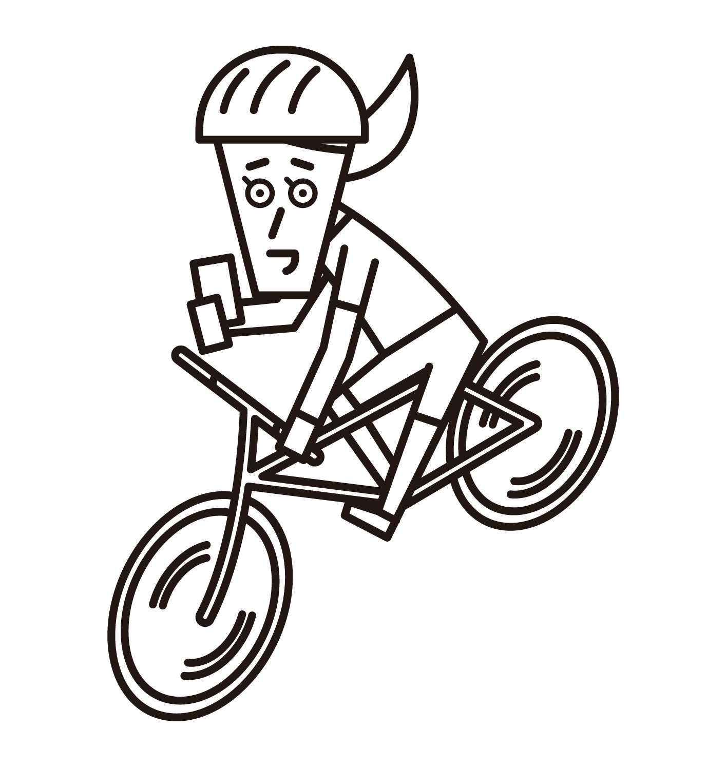 操作智慧手機時駕駛自行車的人（女性）的插圖