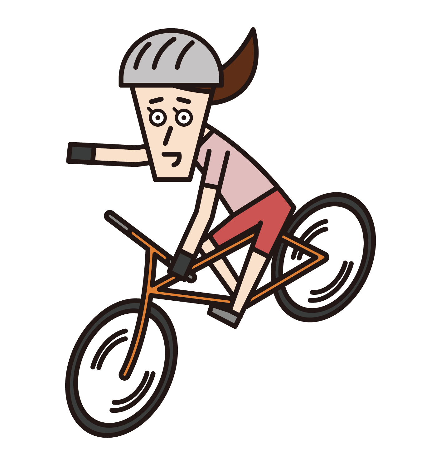 操作智慧手機時駕駛自行車的人（女性）的插圖