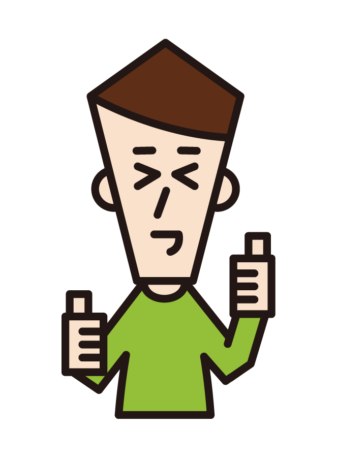 Illustration of a man (male) holding up the thumbs of both hands and praising