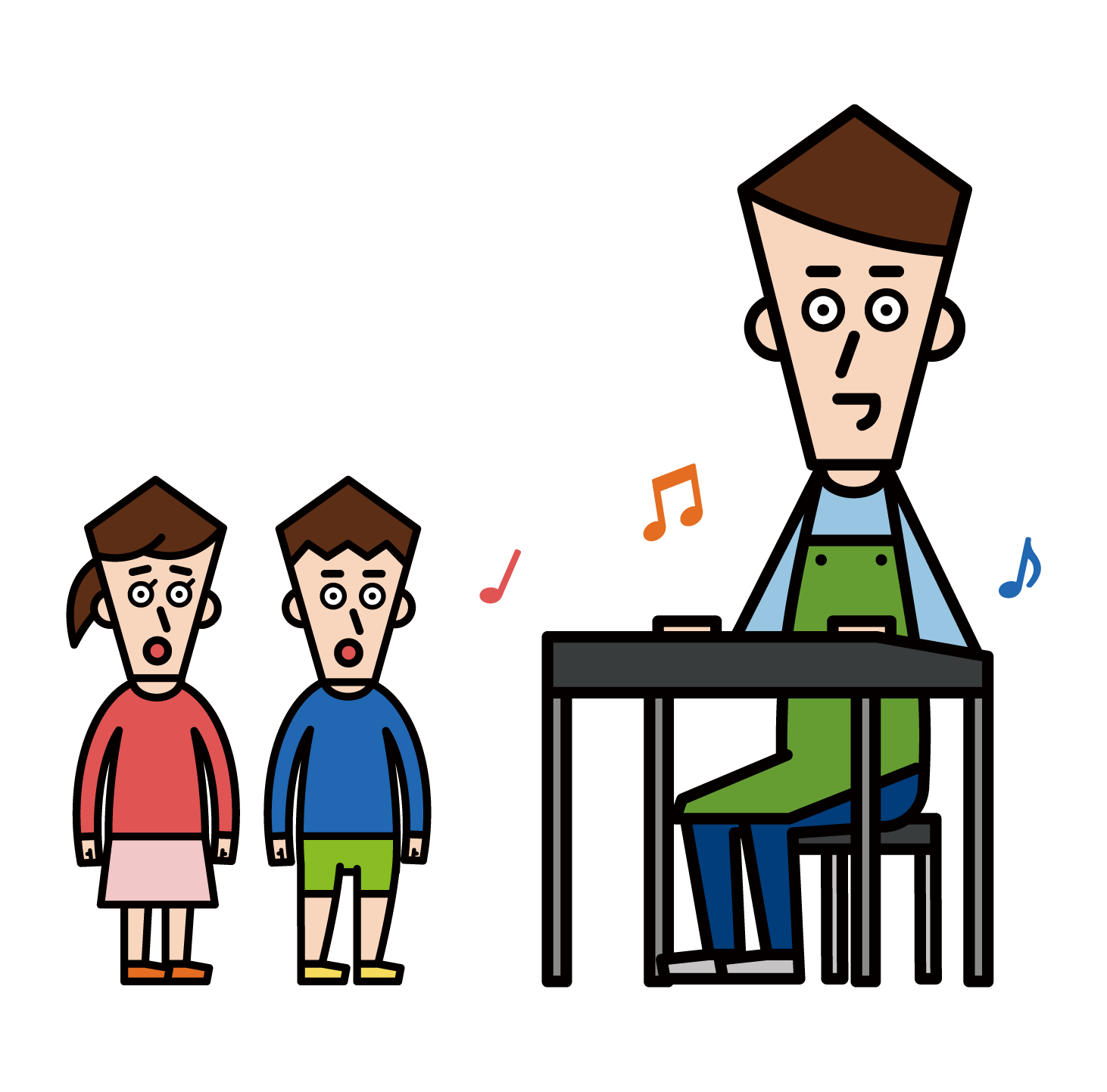 Illustration of a male nursery teacher playing the piano